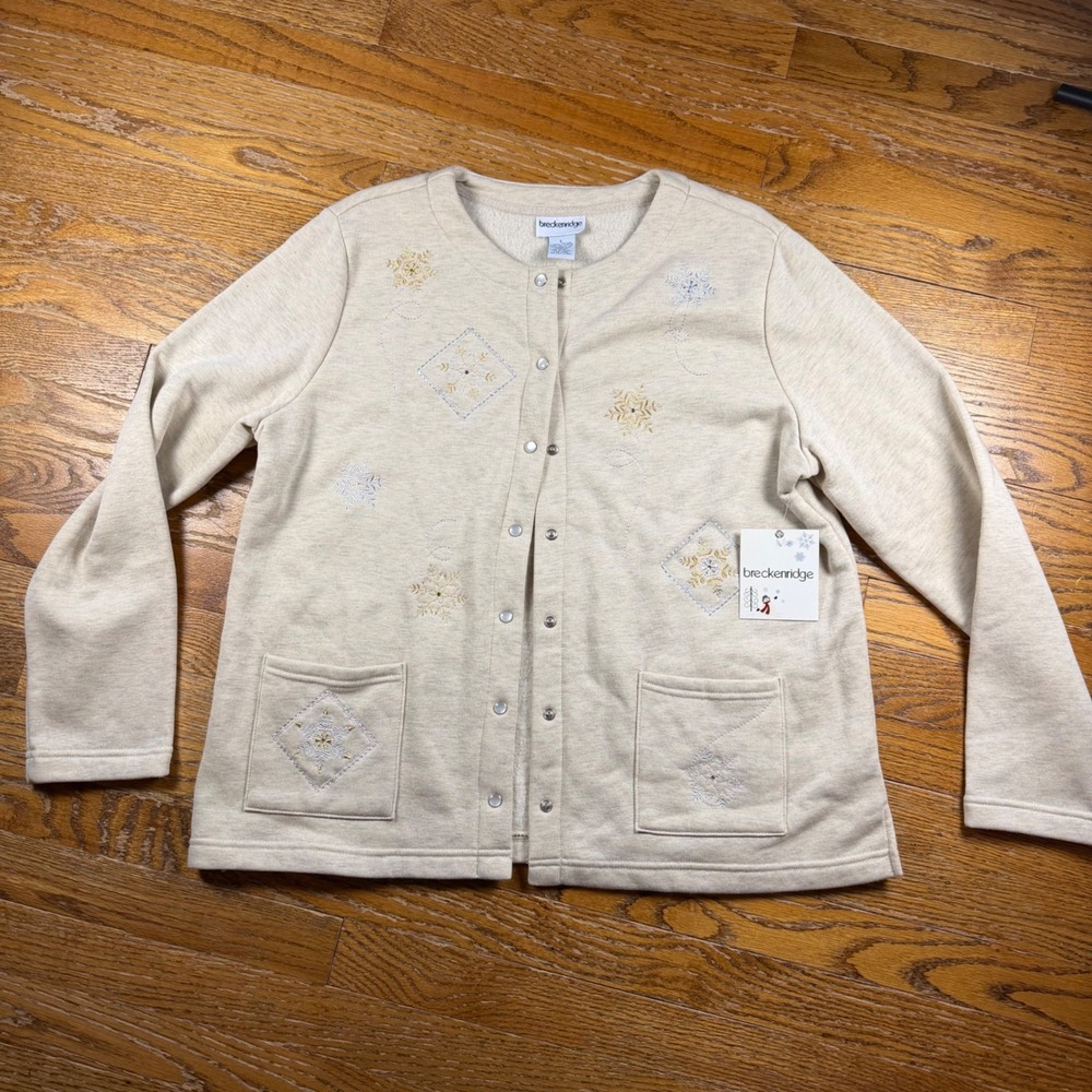 Breckenridge Snowflake Fleece Cardigan Oatmeal Heather Snap‎ Front Grandma NEW